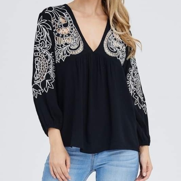 Embroidered V-Neck Top with Tie Tassles - Picture 6 of 6